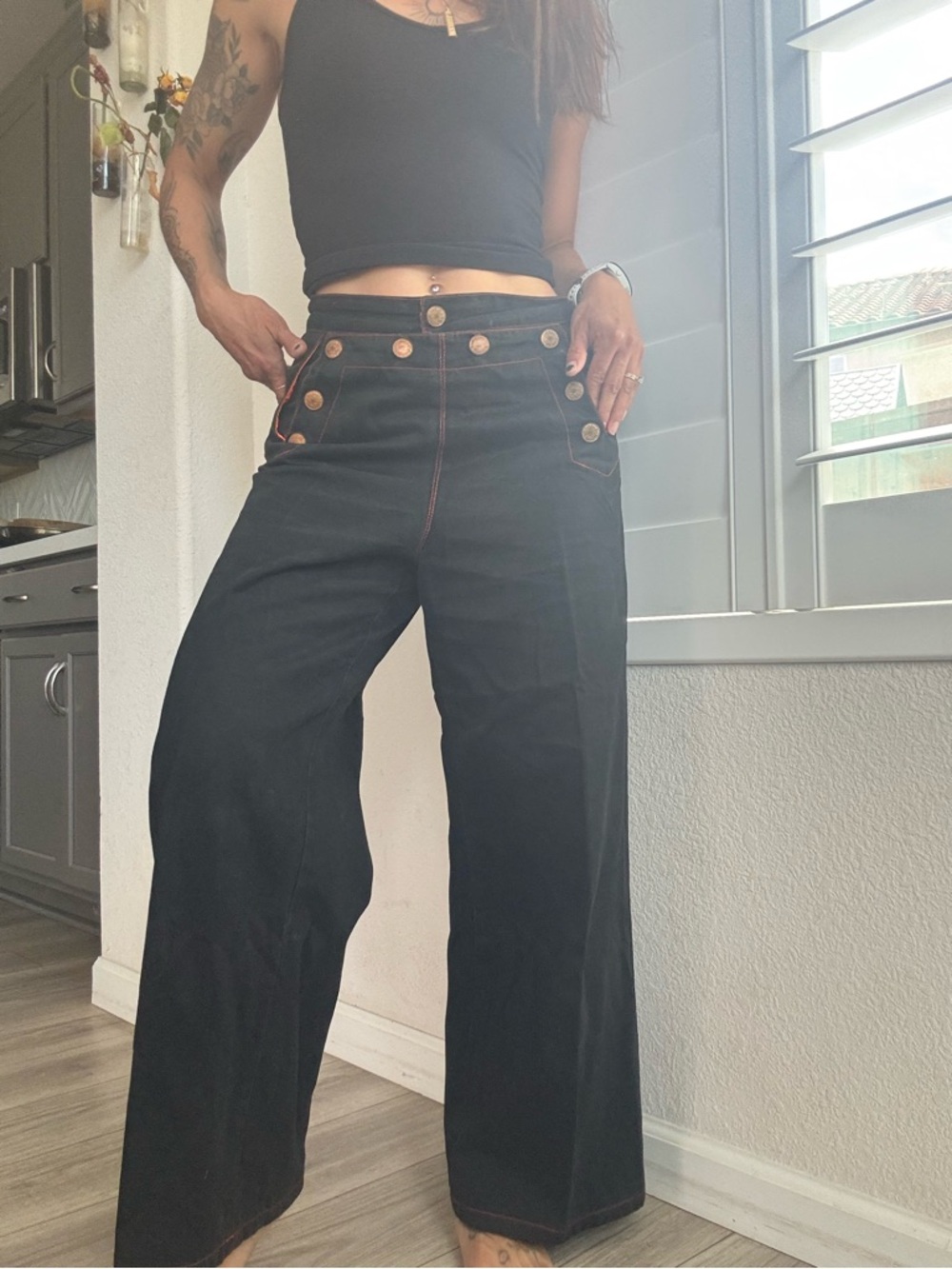 90s Vtg JPG Gaultier Jeans Sailor Snap Button Corset Back Wide Leg Pants